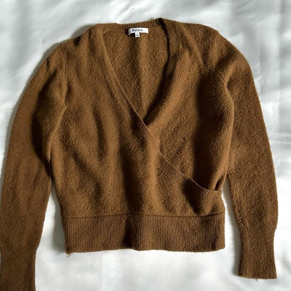 MADEWELL V-NECK SWEATER CROPPED Soft Alpaca Wool Blend in Chestnut Brown/ Small